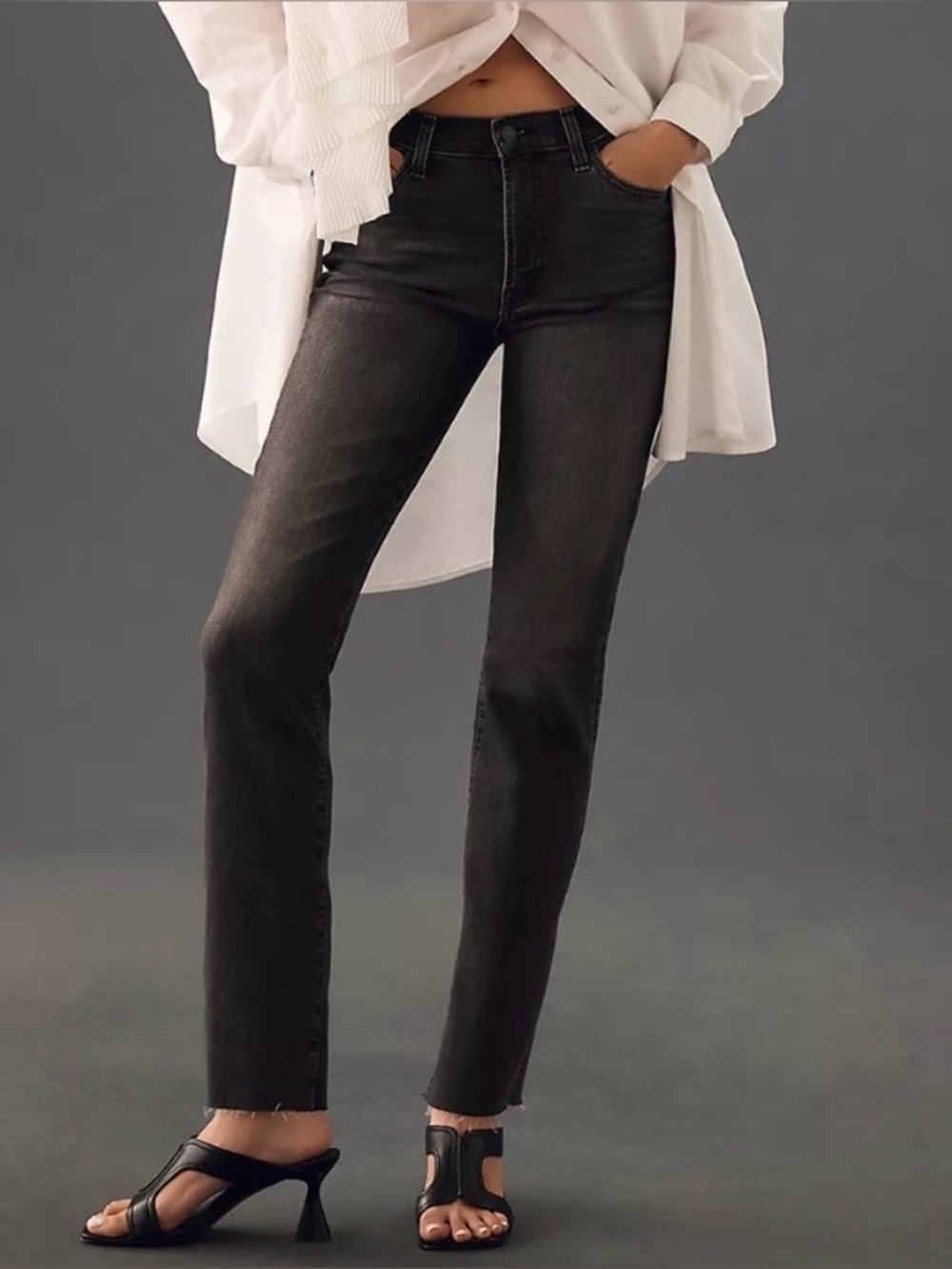 EDWIN Bree Slim Straight Crop Jeans Washed Black Raw Hem 30